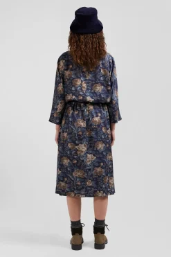 Navy blue lyocell floral dress with long sleeves