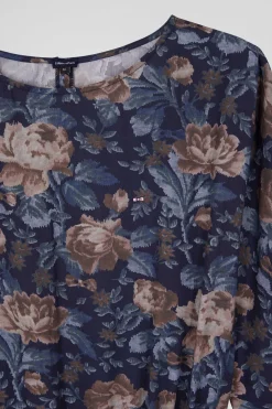 Navy blue lyocell floral dress with long sleeves