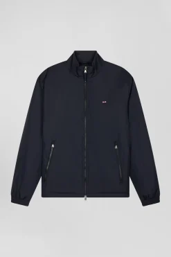 Navy blue matte nylon windbreaker with striped back embroidery