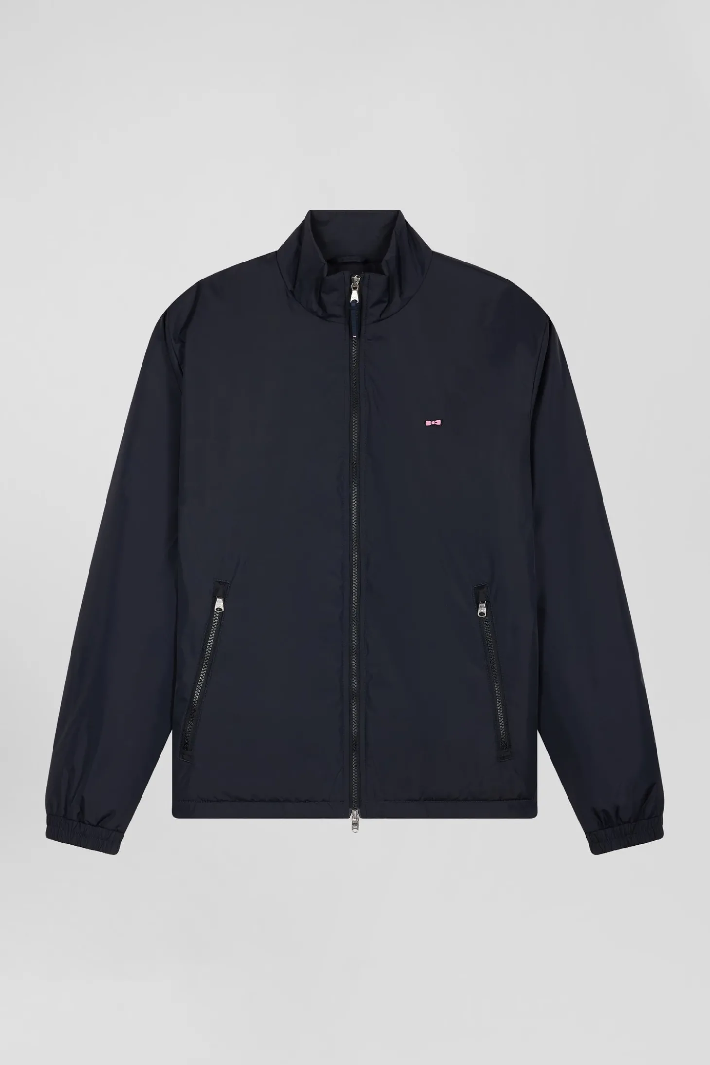 Navy blue matte nylon windbreaker with striped back embroidery