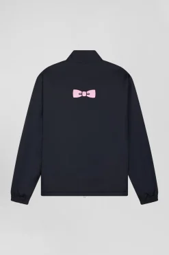 Navy blue matte nylon windbreaker with striped back embroidery