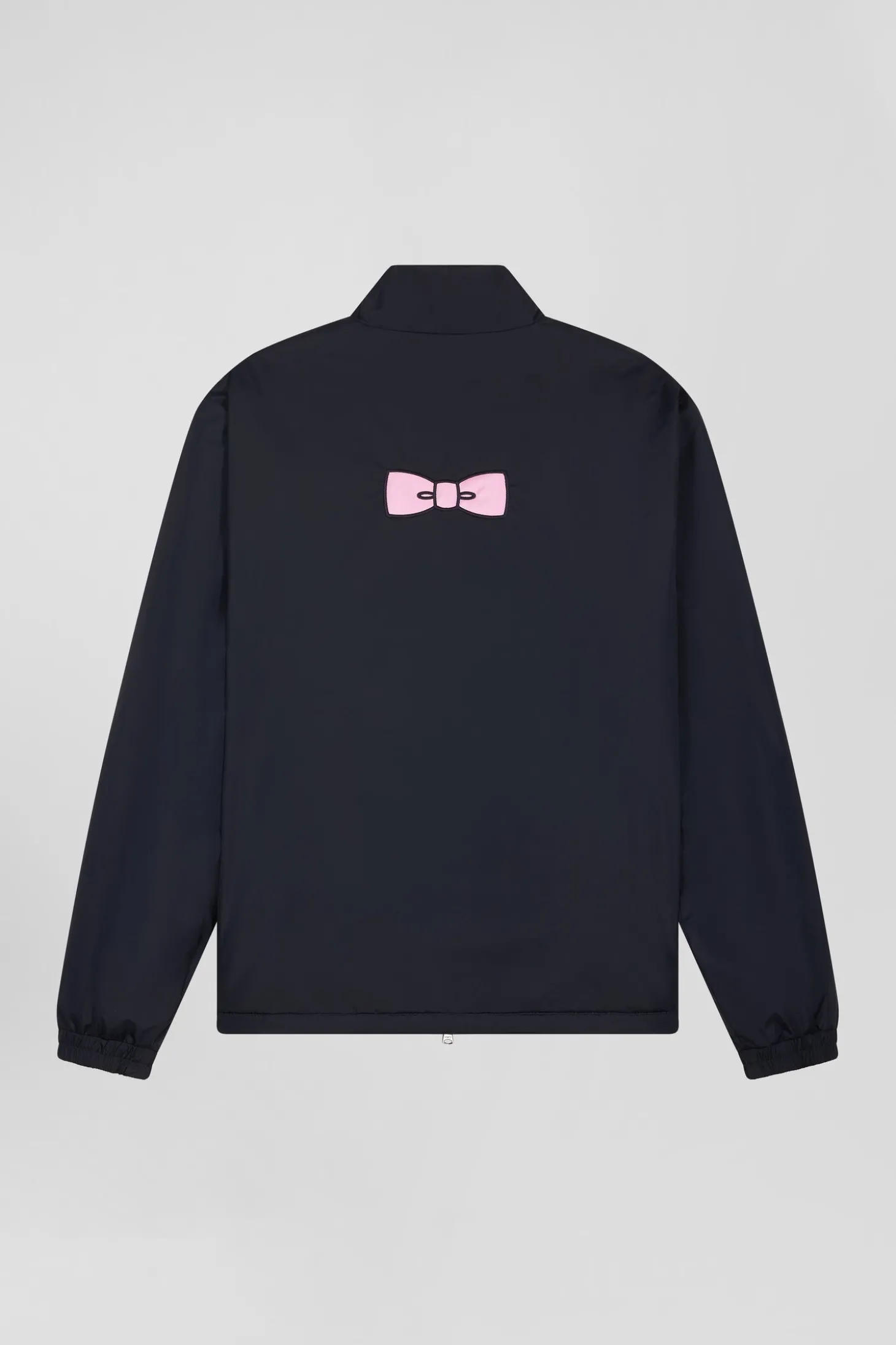Navy blue matte nylon windbreaker with striped back embroidery