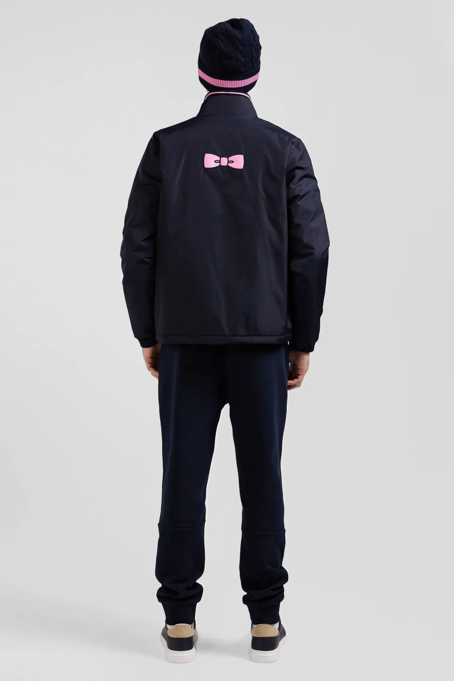 Navy blue matte nylon windbreaker with striped back embroidery