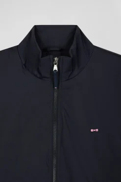 Navy blue matte nylon windbreaker with striped back embroidery