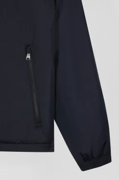 Navy blue matte nylon windbreaker with striped back embroidery