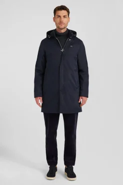 Navy blue nylon parka with removable hood