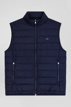 Navy blue quilted sleeveless high collar down vest