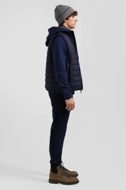 Navy blue quilted sleeveless high collar down vest