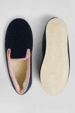 Navy blue shearling slippers with pink trim