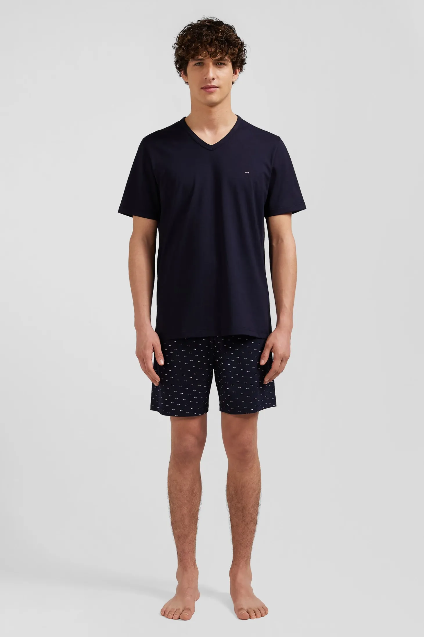 Navy blue short cotton pajamas with micro pattern shorts