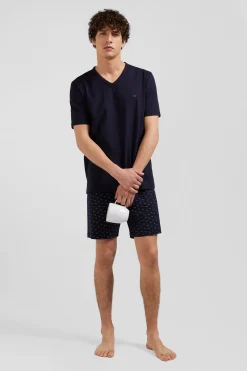 Navy blue short cotton pajamas with micro pattern shorts