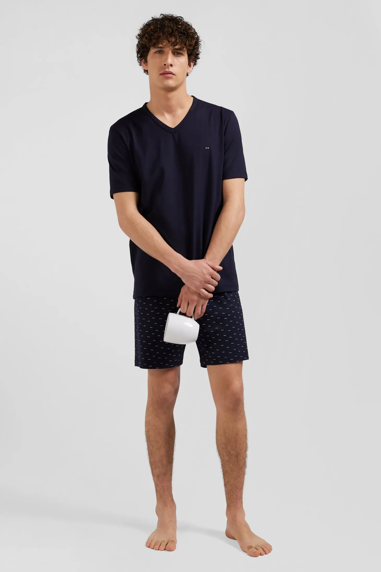 Navy blue short cotton pajamas with micro pattern shorts