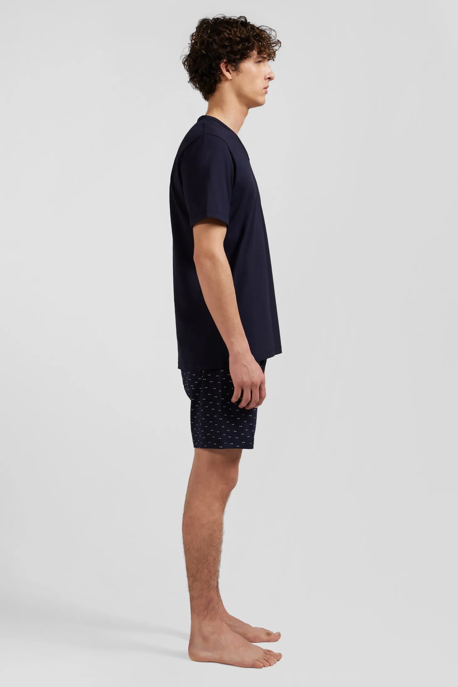 Navy blue short cotton pajamas with micro pattern shorts
