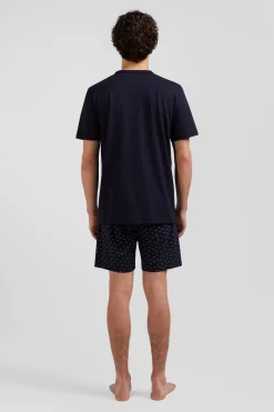 Navy blue short cotton pajamas with micro pattern shorts
