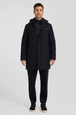 Navy blue short flannel wool parka