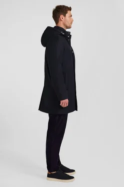Navy blue short flannel wool parka