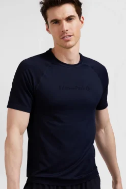 Navy blue short-sleeved sports T-shirt with striped details