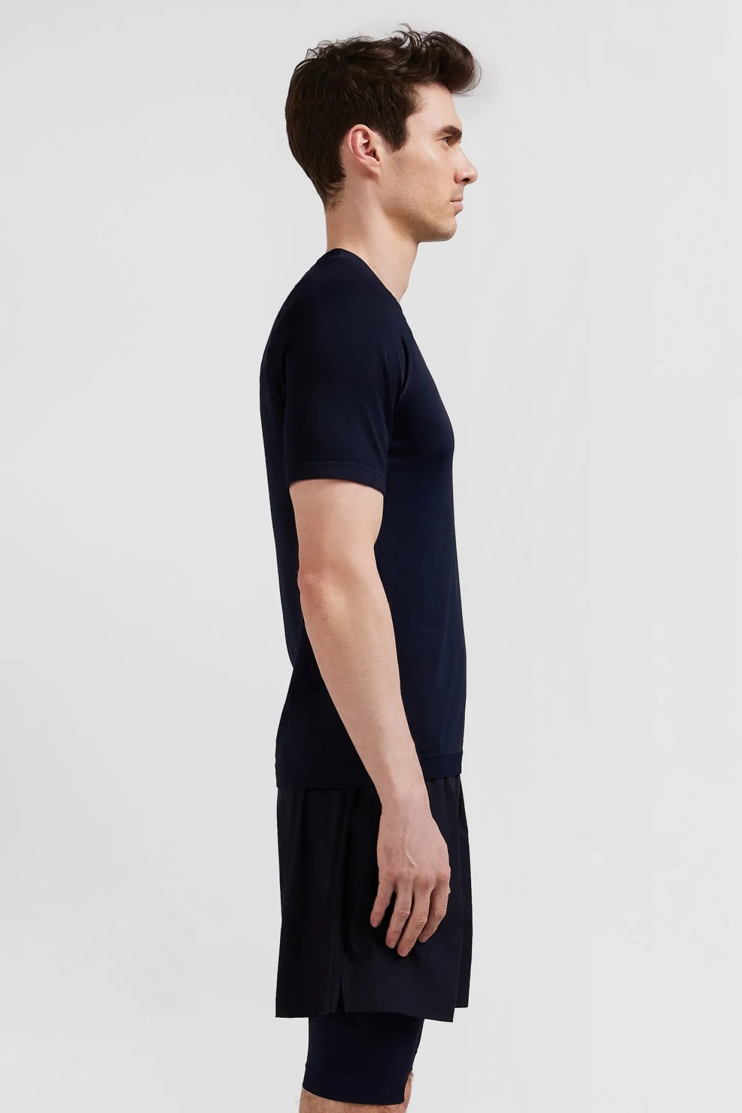 Navy blue short-sleeved sports T-shirt with striped details