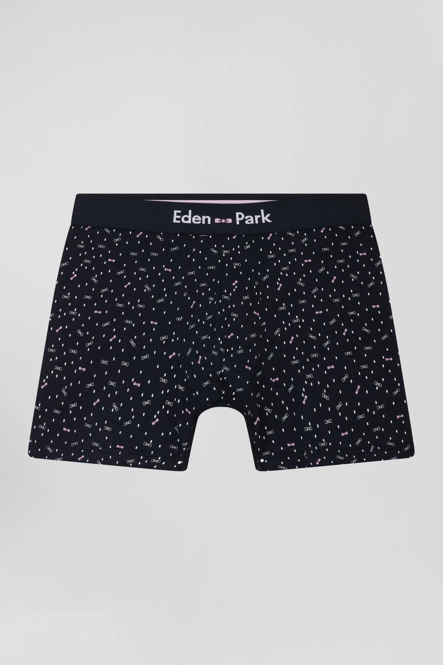 Navy blue stretch cotton boxers with micro bow tie patterns