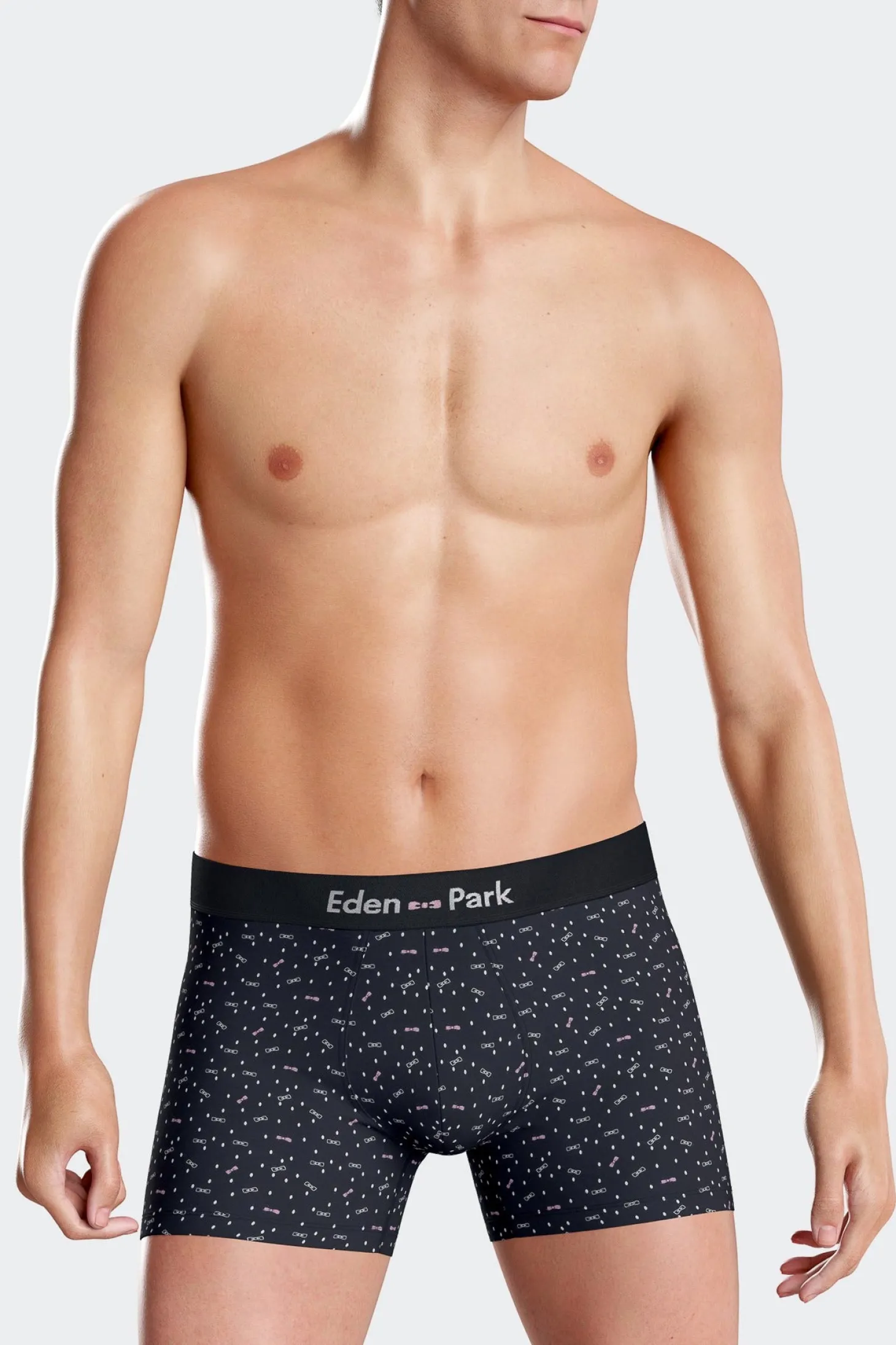 Navy blue stretch cotton boxers with micro bow tie patterns