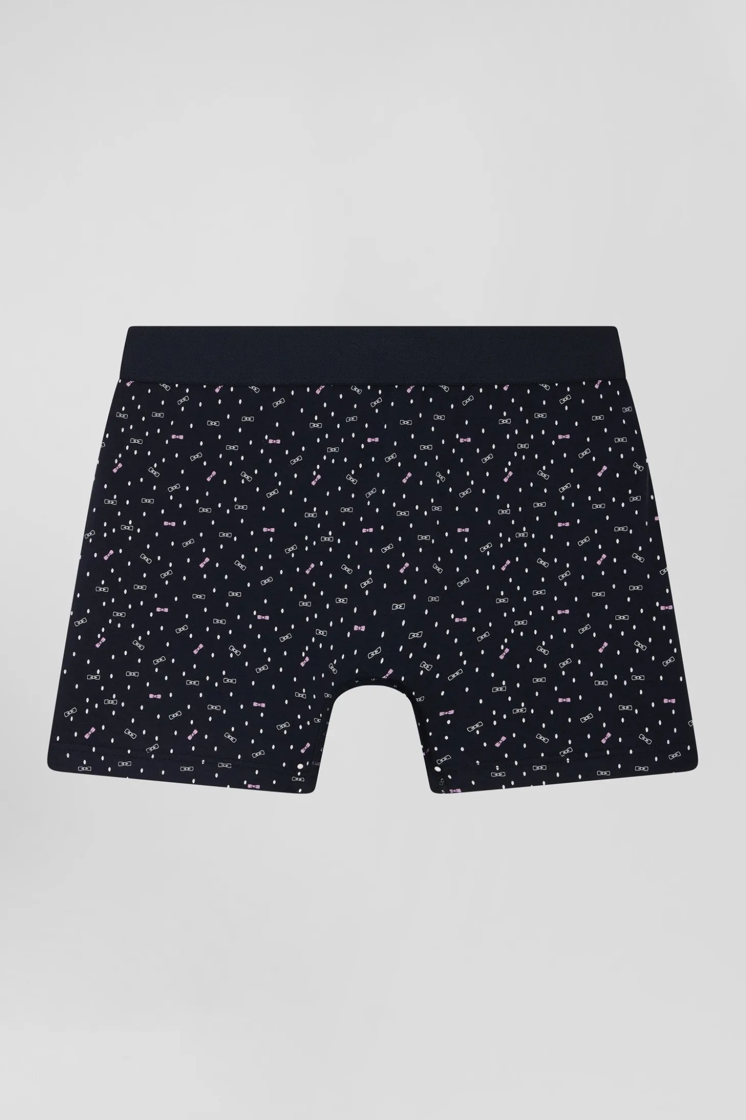 Navy blue stretch cotton boxers with micro bow tie patterns
