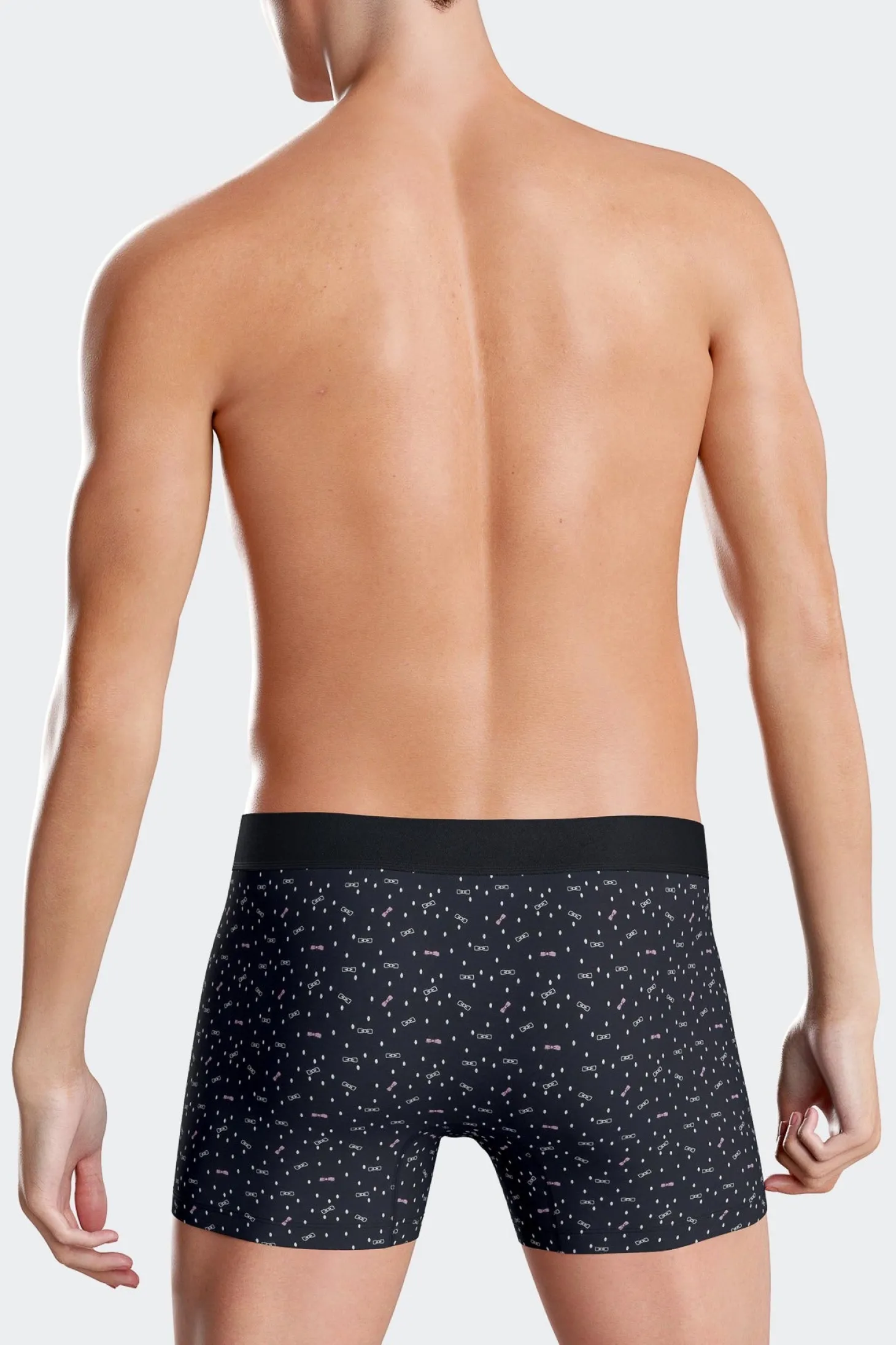 Navy blue stretch cotton boxers with micro bow tie patterns