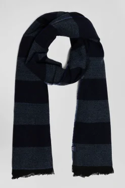 Navy blue striped mixed wool large scarf