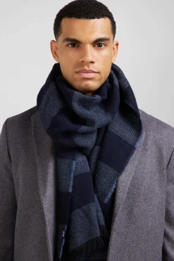 Navy blue striped mixed wool large scarf