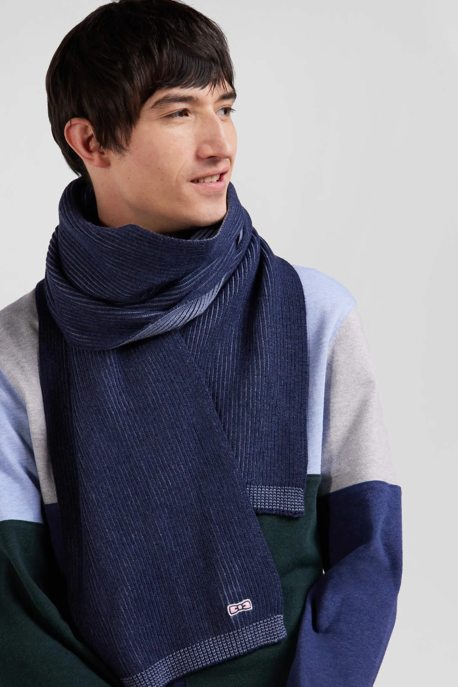 Navy blue striped wool and cotton scarf