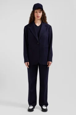 Navy blue striped wool blazer Oversized fit
