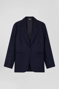 Navy blue striped wool blazer Oversized fit