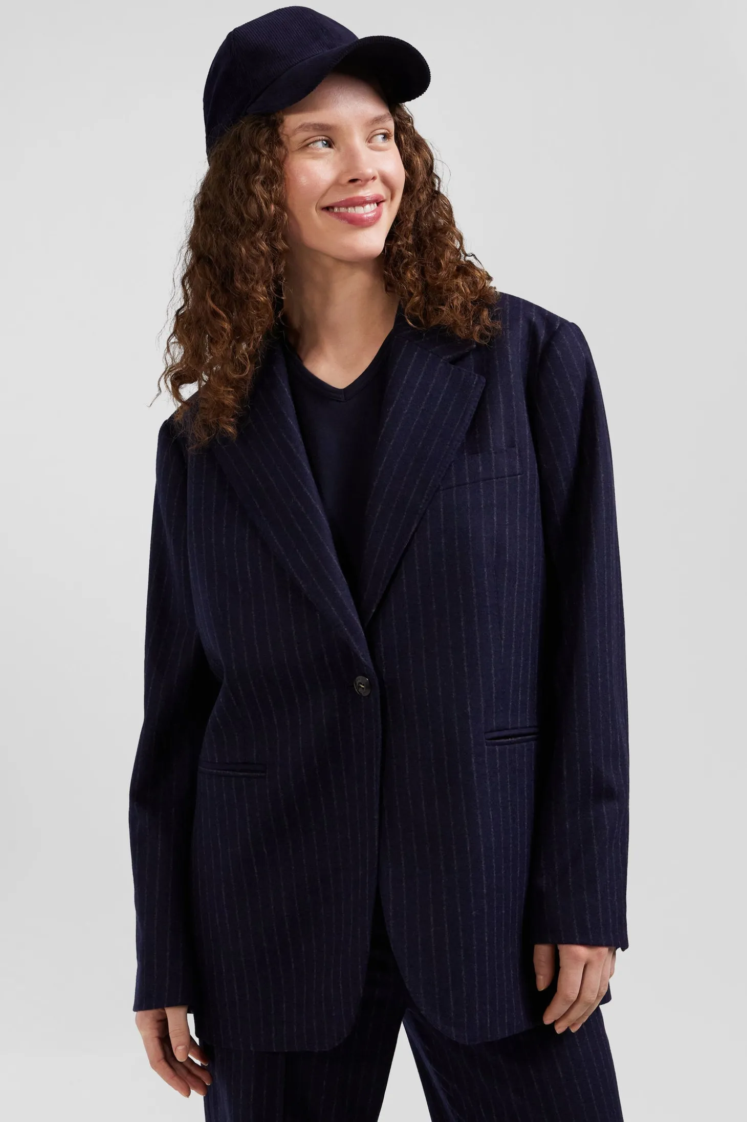 Navy blue striped wool blazer Oversized fit