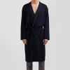 Navy blue terry cloth bathrobe