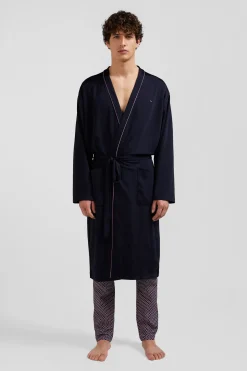 Navy blue terry cloth bathrobe
