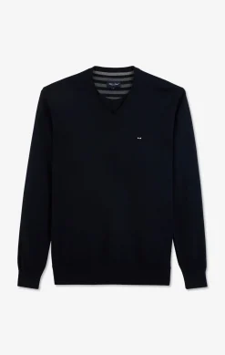 Navy blue V-neck cotton jersey jumper