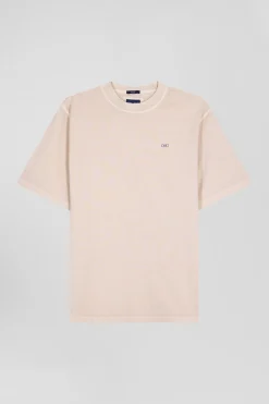 Oversize beige unisex short-sleeved T-shirt in overdyed cotton