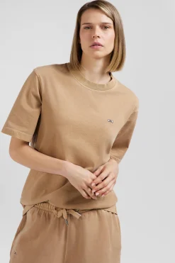 Oversize camel unisex short-sleeved T-shirt in overdyed cotton
