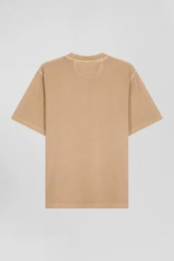 Oversize camel unisex short-sleeved T-shirt in overdyed cotton