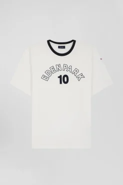 Oversize ecru embroidered short-sleeved cotton T-shirt