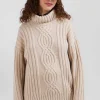 Oversize ivory wool blend high neck jumper with bow effect
