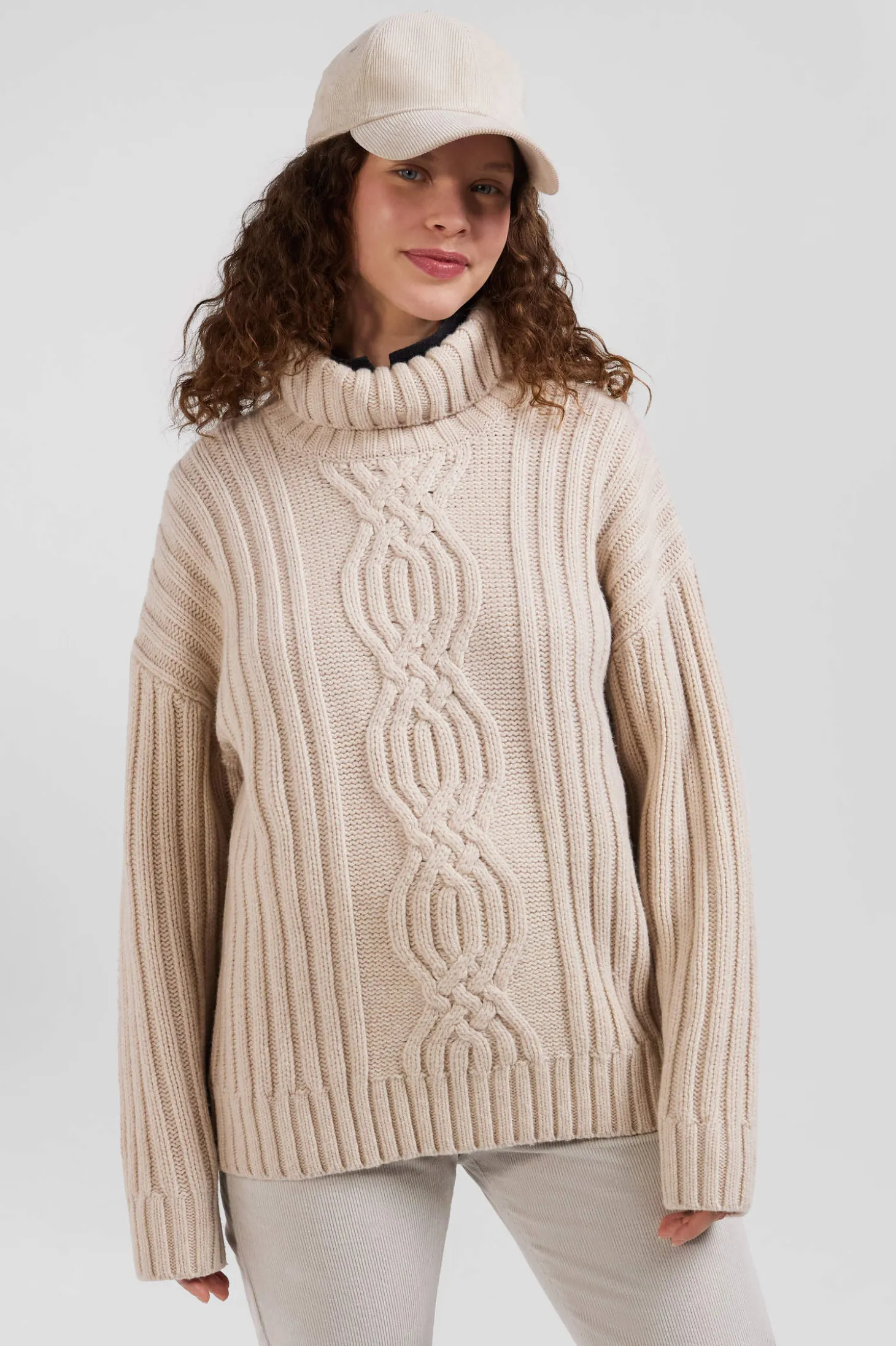 Oversize ivory wool blend high neck jumper with bow effect