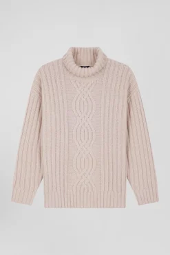 Oversize ivory wool blend high neck jumper with bow effect