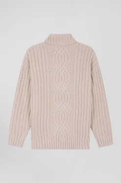 Oversize ivory wool blend high neck jumper with bow effect