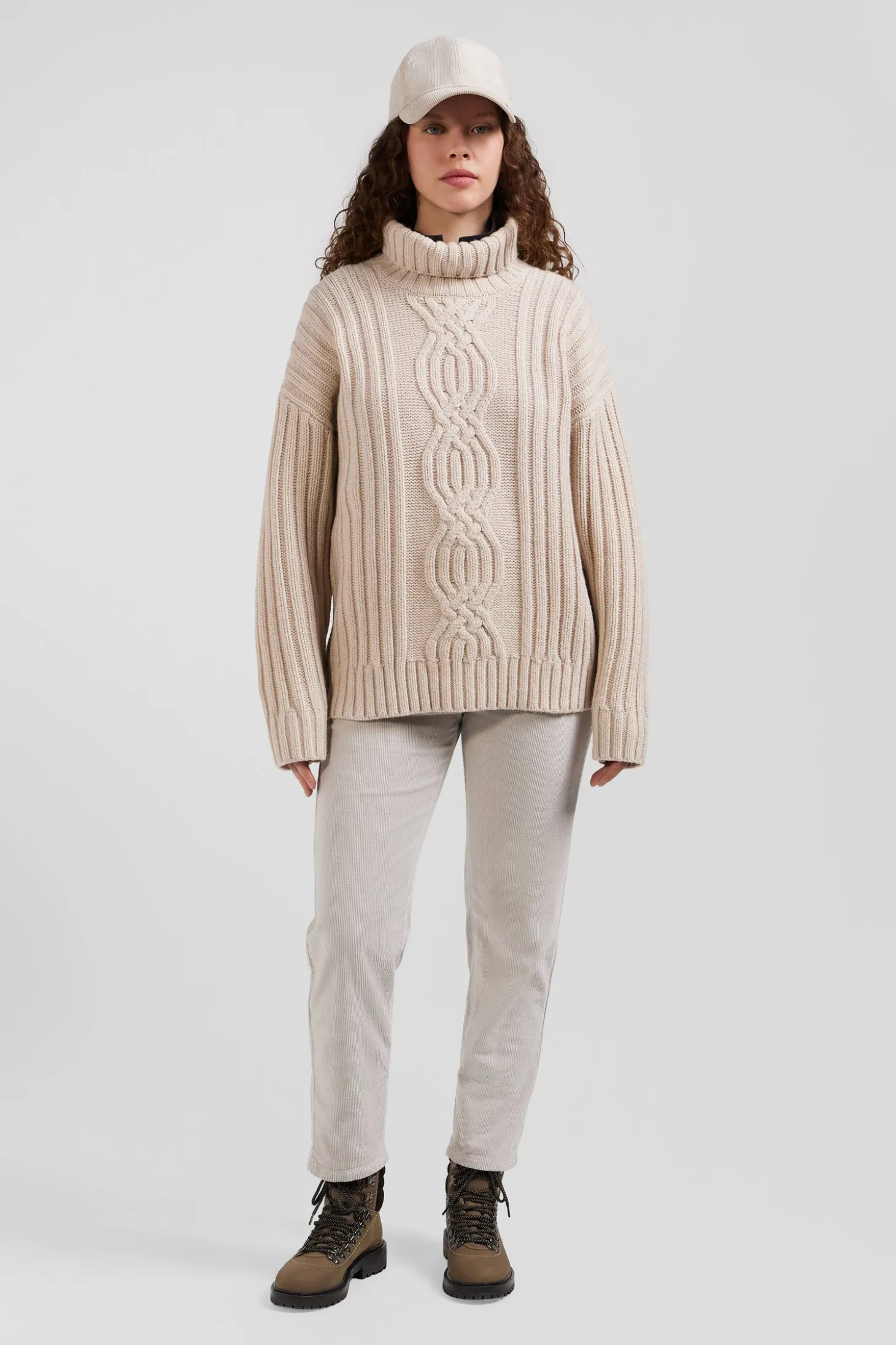 Oversize ivory wool blend high neck jumper with bow effect
