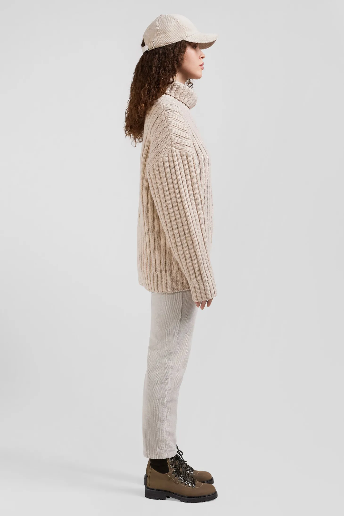 Oversize ivory wool blend high neck jumper with bow effect