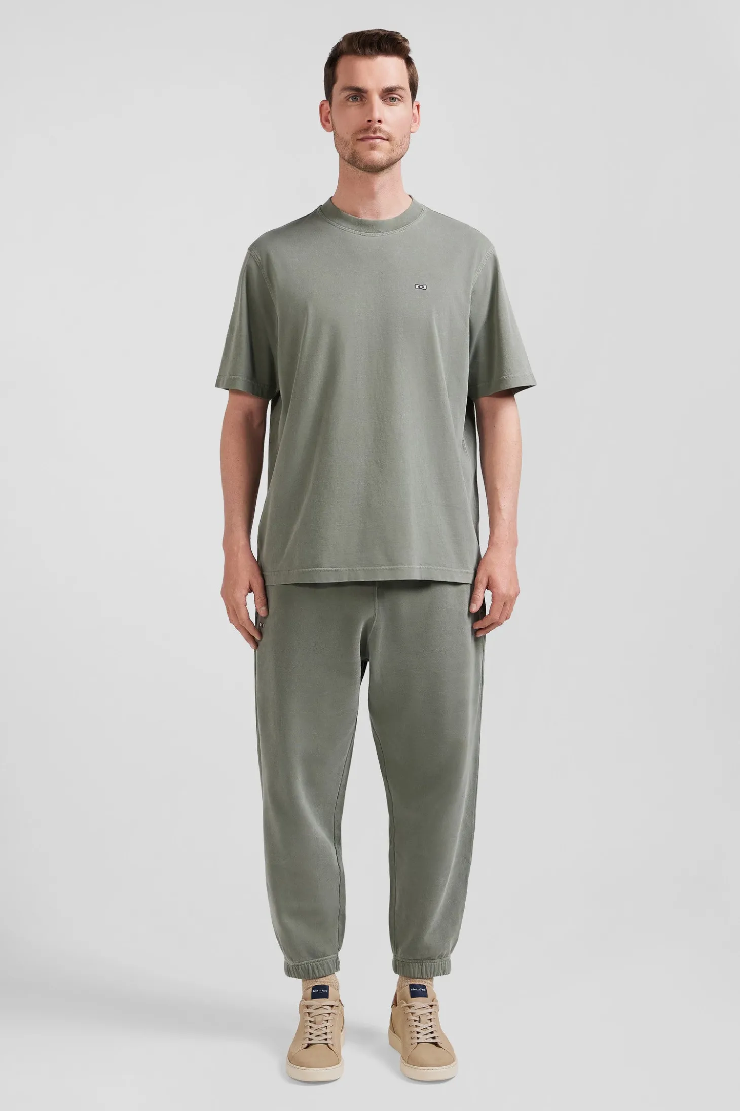 Oversize khaki unisex short-sleeved T-shirt in overdyed cotton