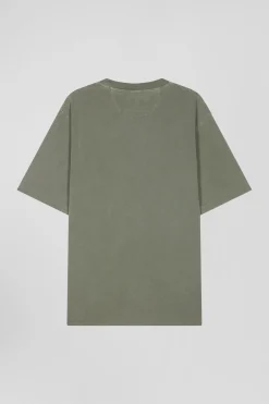 Oversize khaki unisex short-sleeved T-shirt in overdyed cotton