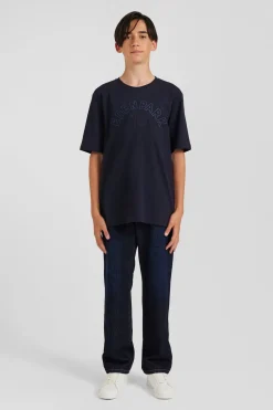 Oversize navy blue embroidered short-sleeved cotton T-shirt