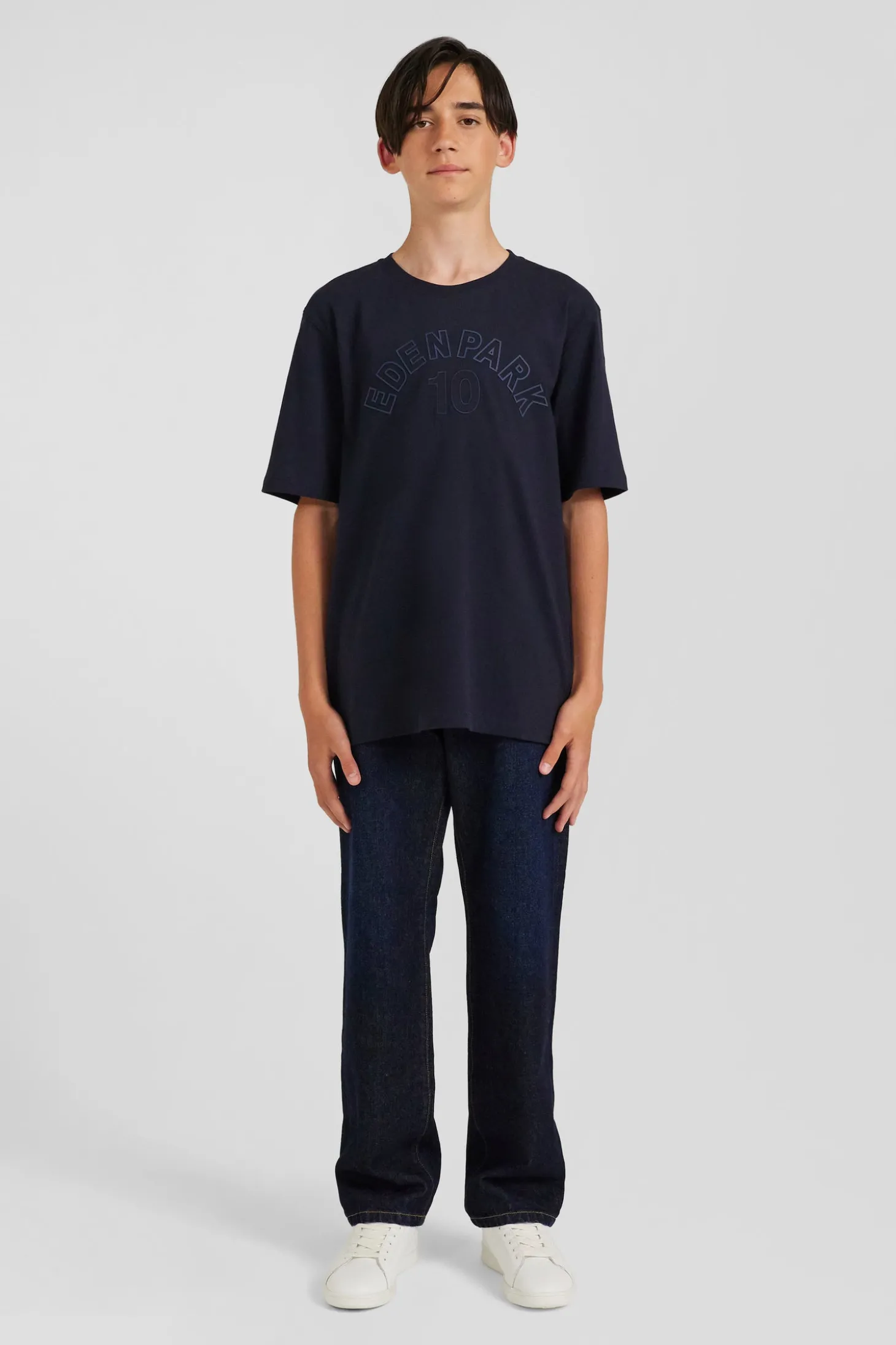 Oversize navy blue embroidered short-sleeved cotton T-shirt