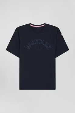 Oversize navy blue embroidered short-sleeved cotton T-shirt